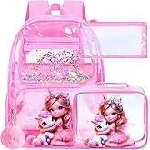 AGSDON 3PCS Unicorn Clear Backpack for Girls,16" Transparent Bookbag Heavy Duty, Cute See Through Backpacks with Lunch Bag - Pink