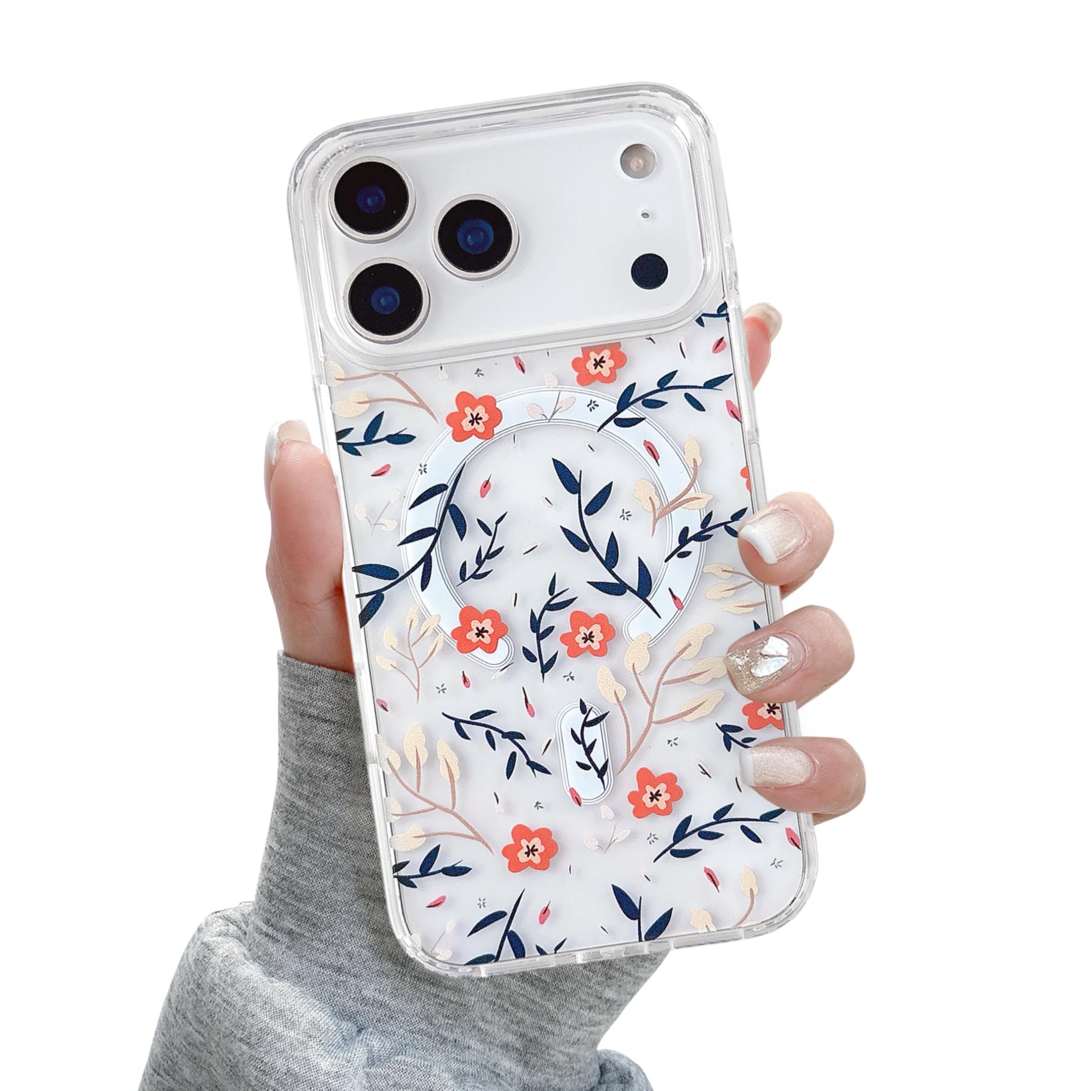Photo 1 of QLTYPRI Magnetic for iPhone 17 Pro Case Compatible with Magsafe, Cute Floral Flower Aesthetic Phone Case Slim Clear Anti-Yellowing Shockproof Phone Cover for Girls Women - Orange
