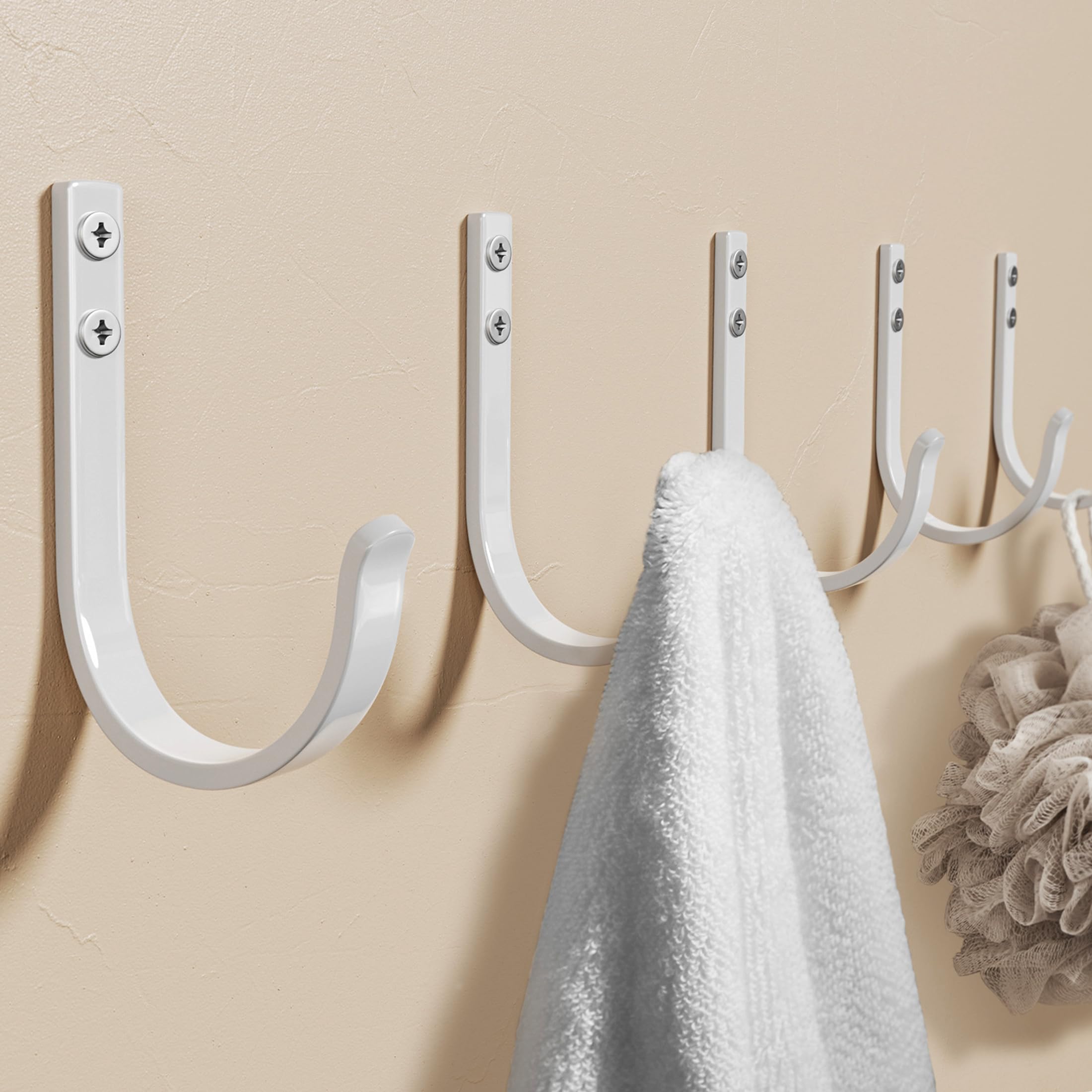 Josmimic Wall Hooks for Towel/Coat - 22LB Heavy Duty Metal Hanger Wall Mount, for Outdoor, Closet, Door, Shelf, Bathroom, for Backpack, Cup, Clothes, Mug, White Matte 5 Pack, Screws Included