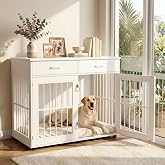 VOWNER 43.3" Large Dog Crate Furniture with 2 Drawers, White | Wooden Dog Kennel Furniture End Table with 3 Doors, XL Dog Kennel Indoor with Storage, Dog Cage TV Stand for Large Medium Dog