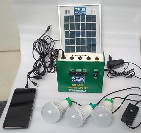 Belifal Solar Home Lighting System kit 6v DC 27Watts Stored Power & Three DC Bulbs & one 3Watts Solar Panel & DC 7.5V Electric Charger & Mobile Charger (Metal, Green)