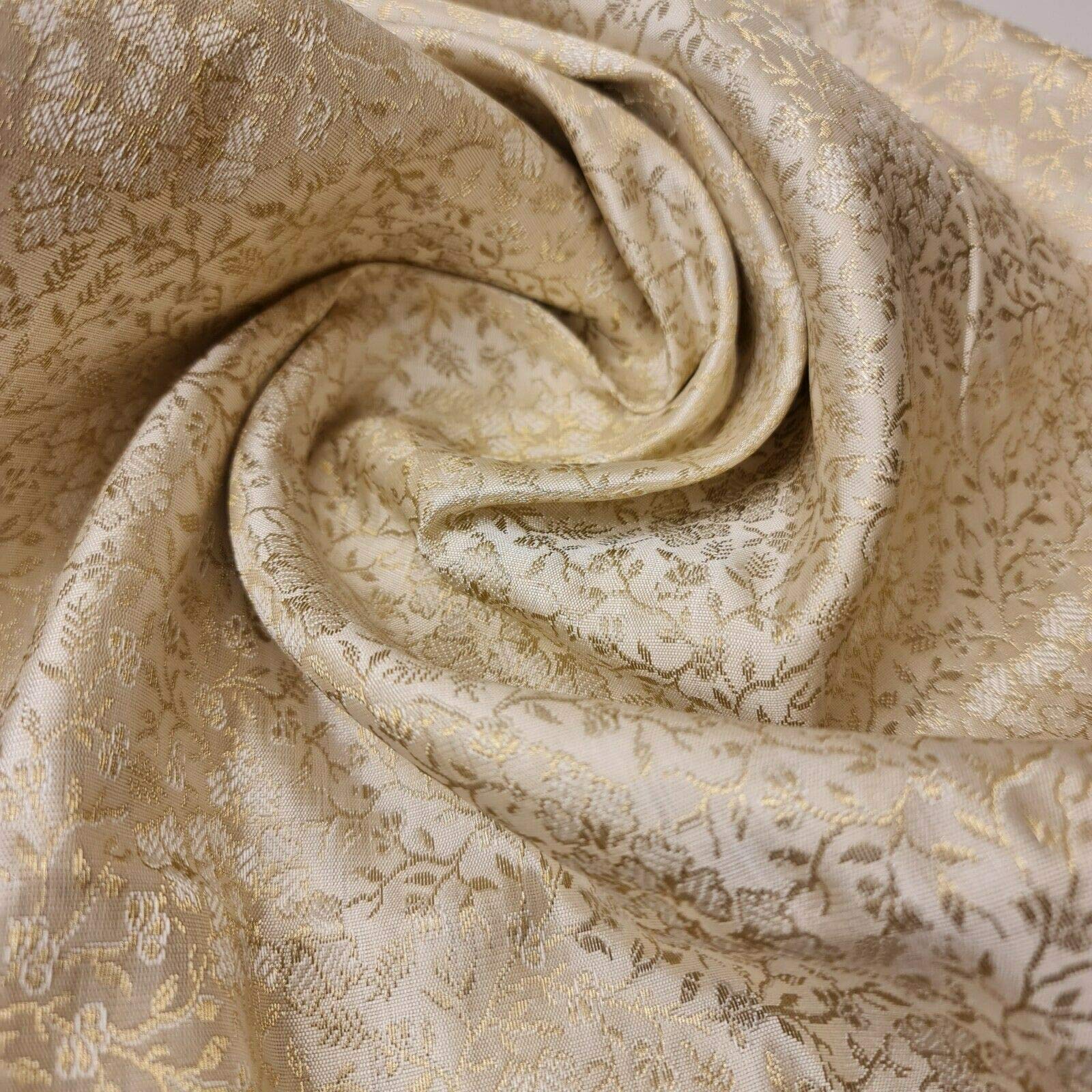 Textile Station Ornamental Floral Pastels Gold Metallic Print Indian Brocade Fabric Design 44" (Pre Cut 1 Meter) Available in 8 Colours (IVORY)