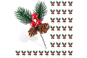 Yalumo 35 Pcs Christmas Floral Picks with Pine Cones and Red Berries, Artificial Greenery Picks and Sprays Holly Stems for Christmas Tree, Garland, Wreath, and DIY Holiday Decorations