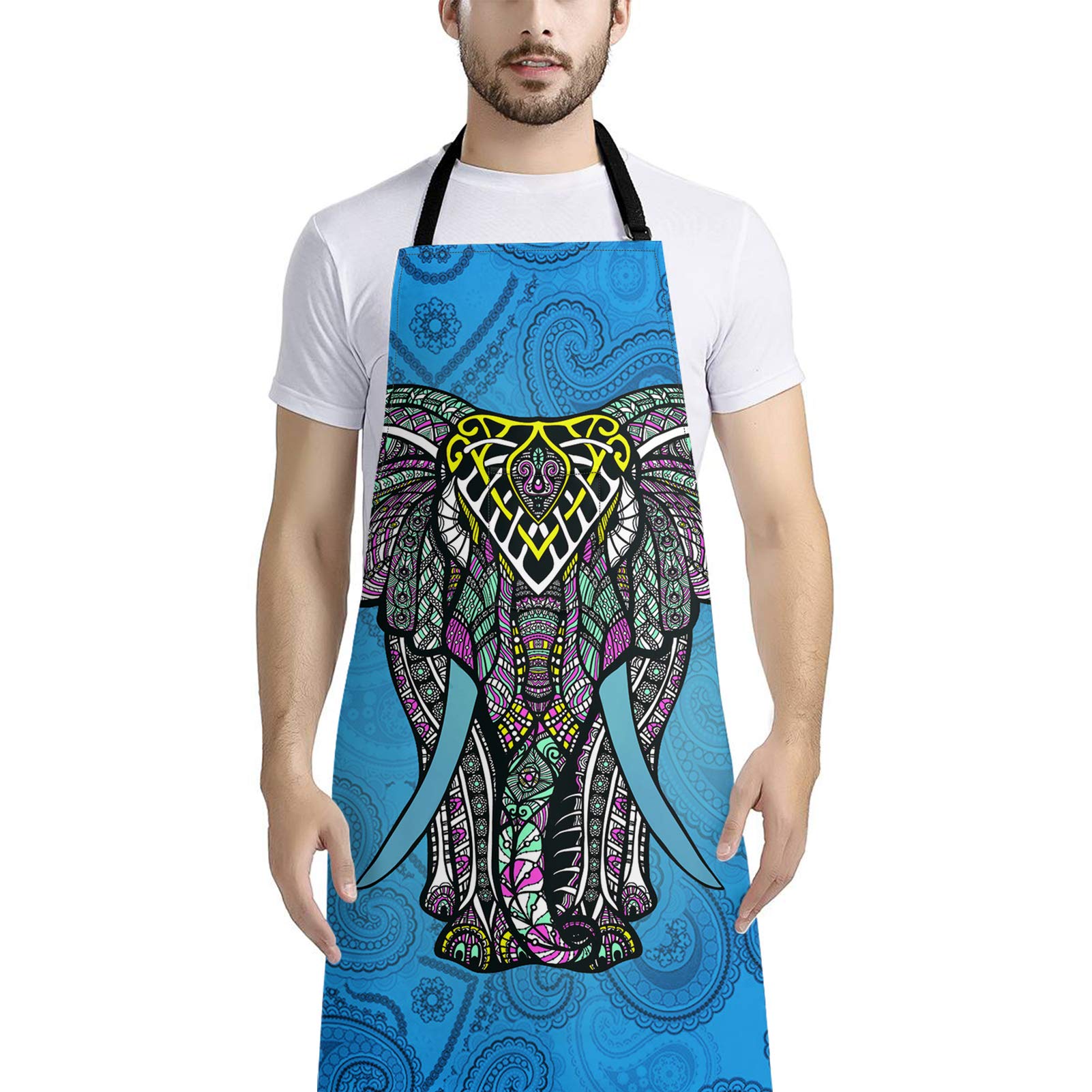 HUGS IDEA Lengthen Kitchen Cooking Aprons, Blue Elephant Animal Adjustable Bib Soft Chef Apron with Pocket for Men Women — image 1