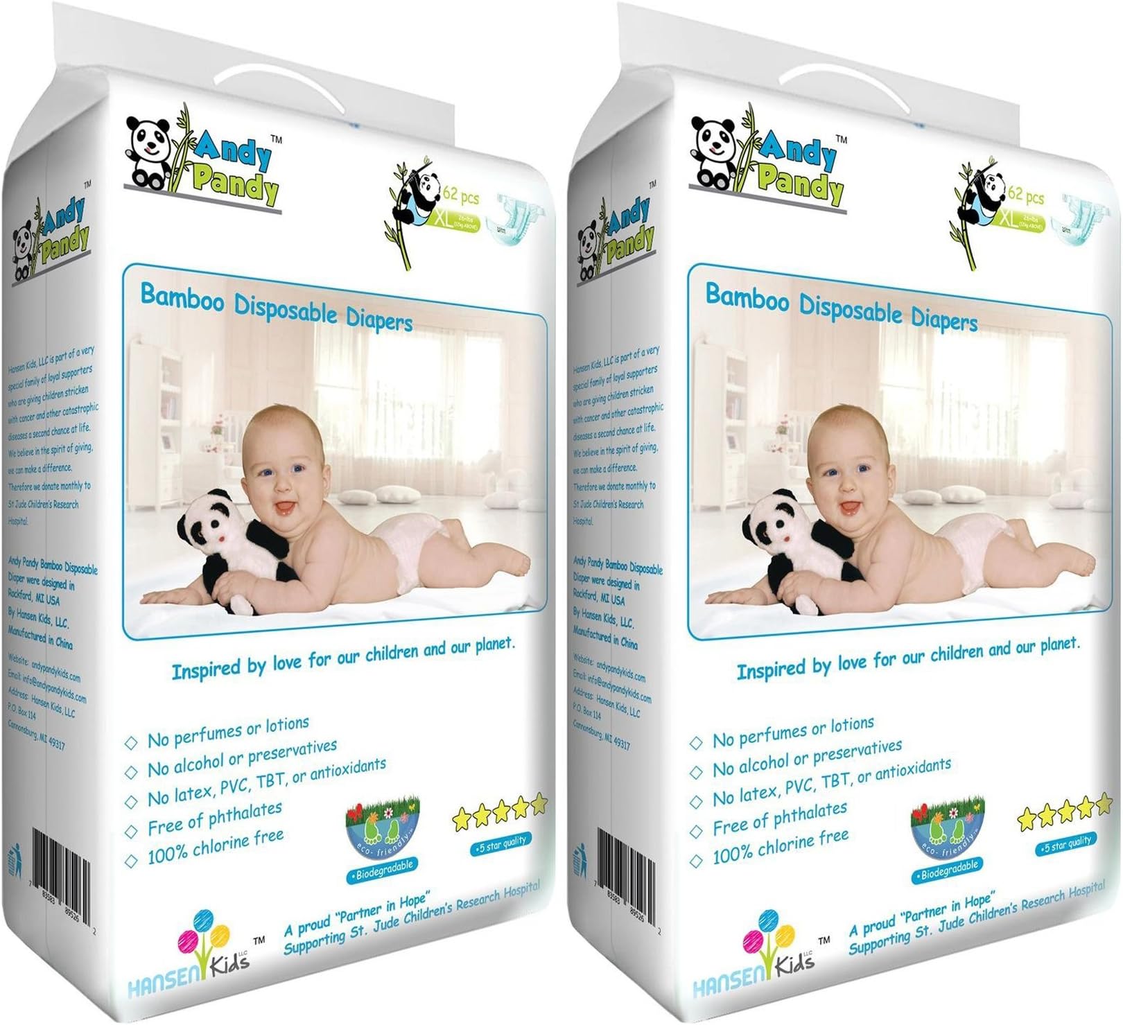 Andy Pandy Premium Bamboo Disposable Diapers, X-Large, 124 Count
