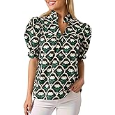 BKBEY Womens Puff Short Sleeve Floral Shirt Ruffle V Neck Button Front Blouse Pleated Top