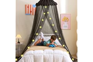 Hommi Lovvi Boys Bed Canopy with Stars Lights, Kids Canopy Bed Curtains for Twin, Full, Queen Size Bed Hanging Canopy for Bedroom Decor, Kids Adult Sheer Canopy Curtain (Black)