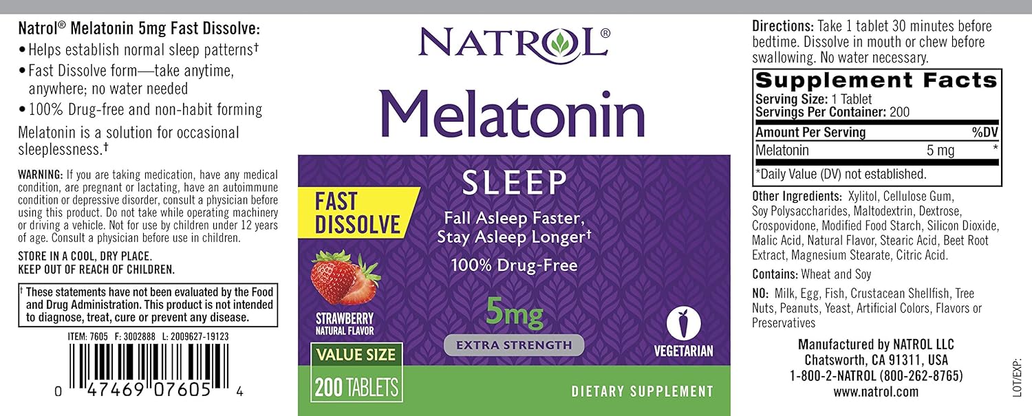 Natrol Melatonin Fast Dissolve Tablets, Helps You Fall Asleep Faster, Stay Asleep Longer, Easy to Take, Dissolves in Mouth, Faster Absorption, Maximum Strength, Strawberry Flavor, 5mg, 200 Count: Health & Personal Care