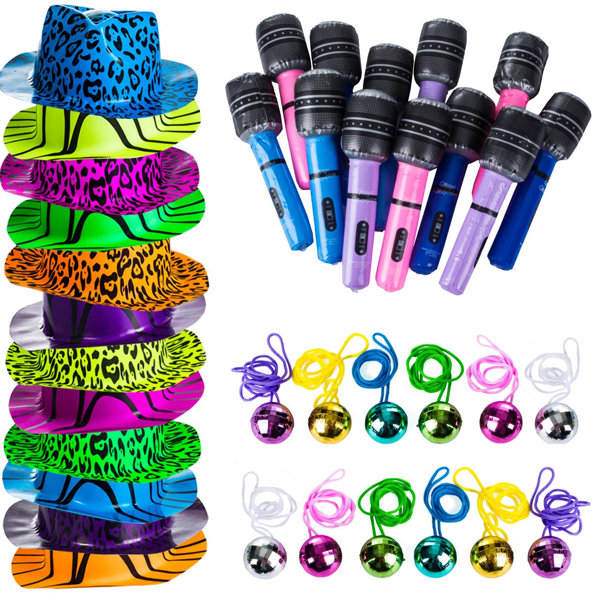 Photo 1 of Tigerdoe Rock n Roll Party Favors - 36 Pc Set - Rock Star Party Hats, Disco Ball Necklaces, Inflatable Microphones - Rocker Party Supplies