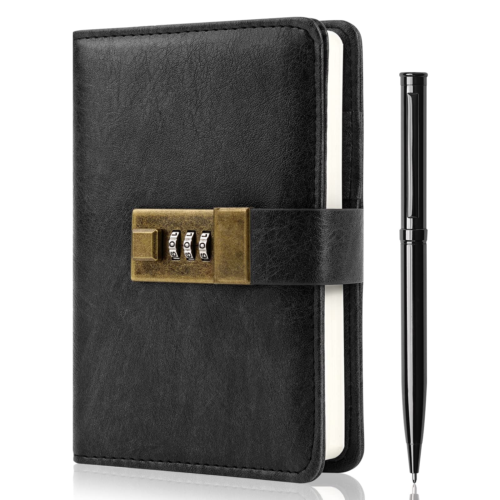 WEMATE Journal with Lock, Diary with Lock 192 Pages, Password Notebook, Pen & Gift Box - Perfect for Men and Women - 4.3X 6.18in (Black)