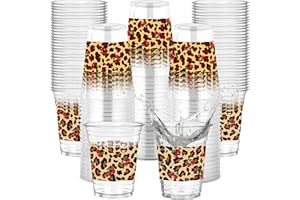 Rngmsi Cheetah Print Decorations for Birthday - 50 Pcs Red and Cheetah Print Cups, 12 OZ Clear Disposable Plastic Cups, Leopa