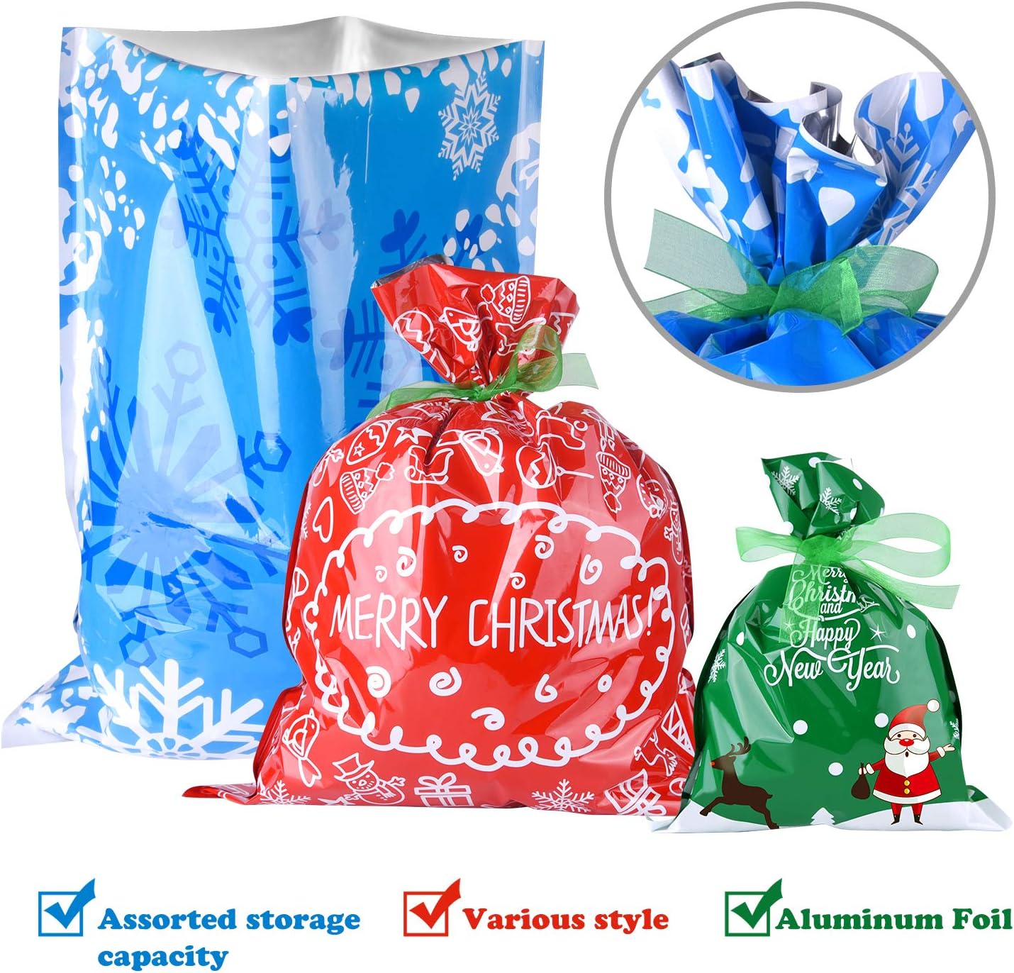 MIAHART 25 Pack Xmas Gift Bag Christmas Goody Bags Gift Wrapping Assorted Styles 4 Sizes Xmas Gift Bags with 20m Ribbon Ties for Gift Wrapping Supply - Image 4