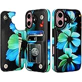 HAOPINSH for iPhone 16 Wallet Case with Card Holder, Blue Florals Pattern Back Flip Folio PU Leather Kickstand Card Slots Case for Women Girls, Double Magnetic Clasp Shockproof Cover 6.1"