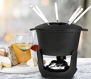 Artestia Fondue Pot,Cast Iron Fondue Set,Cheese Fondue Sets 10-Piece, Black
