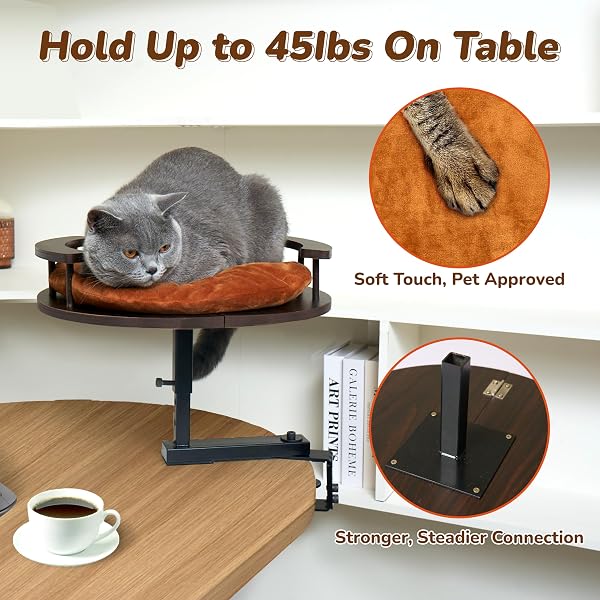 PURRHOUSE UP TO 45LBS CAT DESK BED – 360° ROTATION & ADJUSTABLE HEIGHT, PET PERCH FOR DESKS WITH WASHABLE CUSHION, DESK CAT BED ATTACHMENT FOR VARIOUS TABLES (WOOD_BROWN CUSHION)