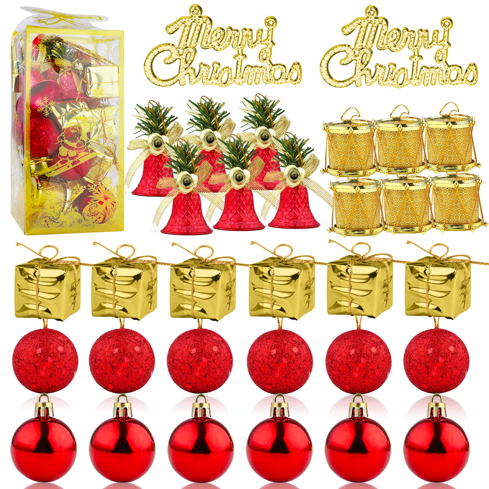 JNUYISW 32 PCS Christmas Baubles Set, Christmas Balls Ornaments Shatterproof Hanging Ball Baubles Christmas Tree Decoration with Shiny Matte & Glitter Decorated Baubles, 3.5/4cm, Gold and Red