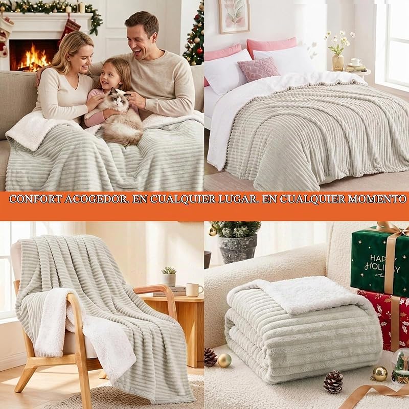 Manta Cama Invierno para Cama 180/200, Sherpa Franela Reversible Polar con Cordón para Sofá, Borreguito Gruesa, Suave, Caliente, Sillón, Transpirable para Invierno (Beige, 220 x 240 cm)