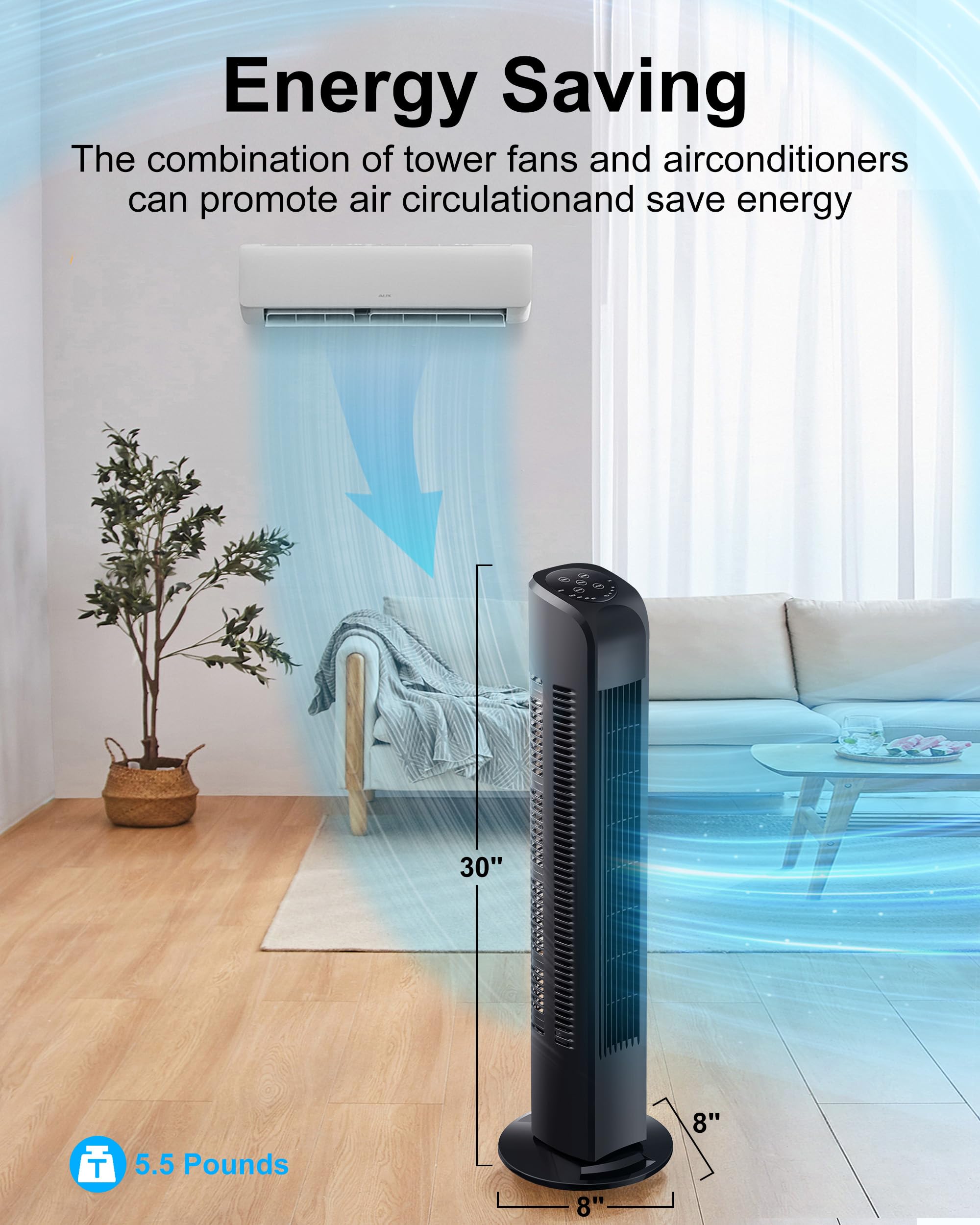 Uthfy Oscillating Tower Fan with Remote, Electric Standing Tower Fan Floor Fan for Bedroom Indoor Office and Home Use,Quiet Cooling Portable Bladeless Tower Fans, 30 inchs, Black Tower Fan