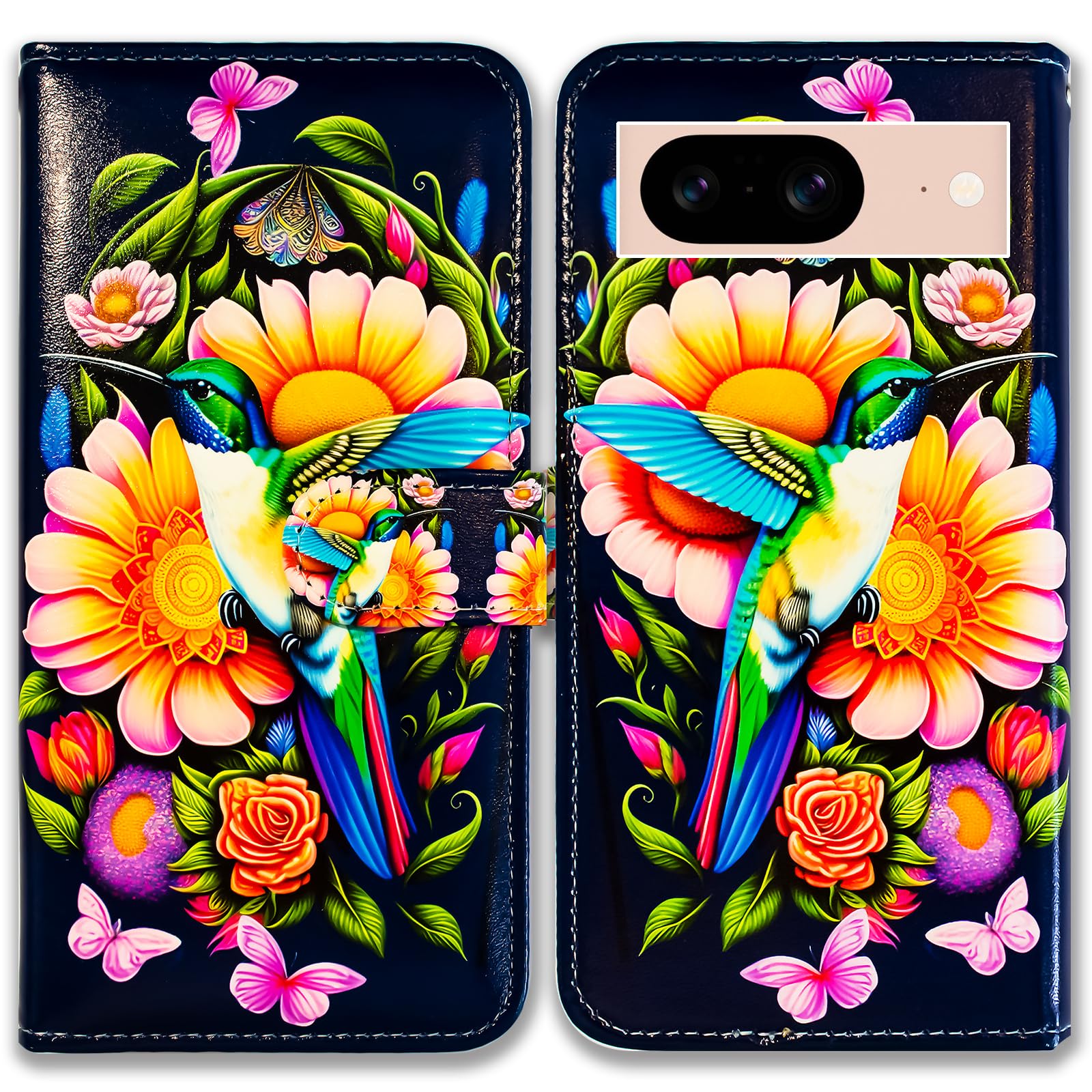 Bcov Pixel 8 Case,Hummingbird Butterfly Flowers Leather Flip Phone Case Wallet Cover with Card Slot Holder Kickstand For Google Pixel 8