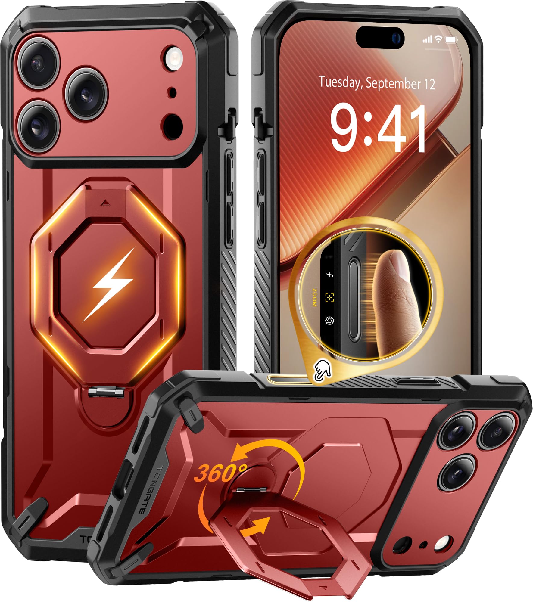 TONGATE for iPhone 17 Pro Max Case with 360° Spin Magnetic Stand, [Compatible with MagSafe][Military-Grade Protection] with Screen Protector & Camera Control Cover for iPhone 17 ProMax, Red