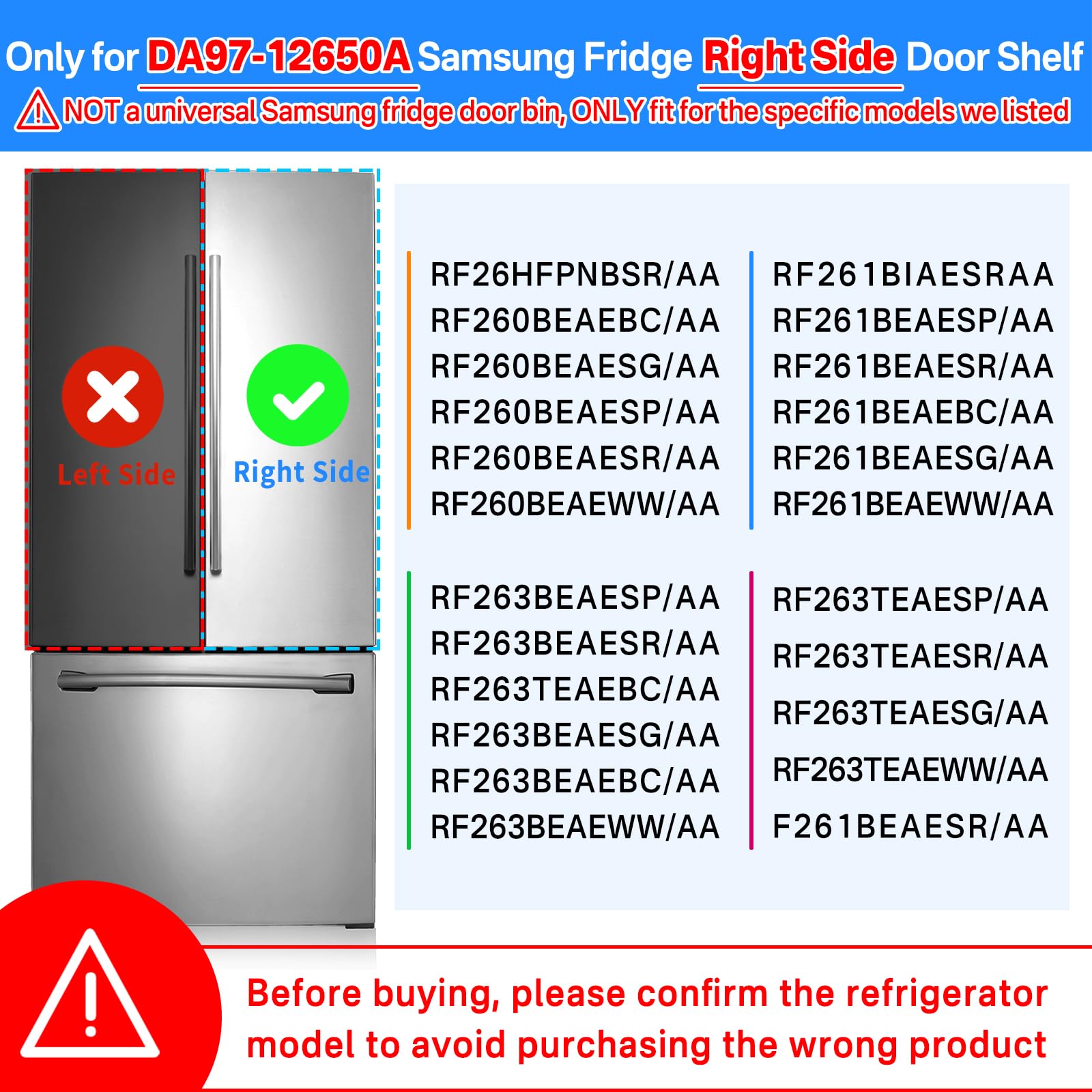 DA97-12650A Door Shelf Bin Right Side for Samsung Refrigerator Door Shelf Replacement for Samsung RF263BEAESR RF261BEAESR RF260BEAESR Door Bin for Samsung Fridge Door Shelves With 5 Fridge Magnets