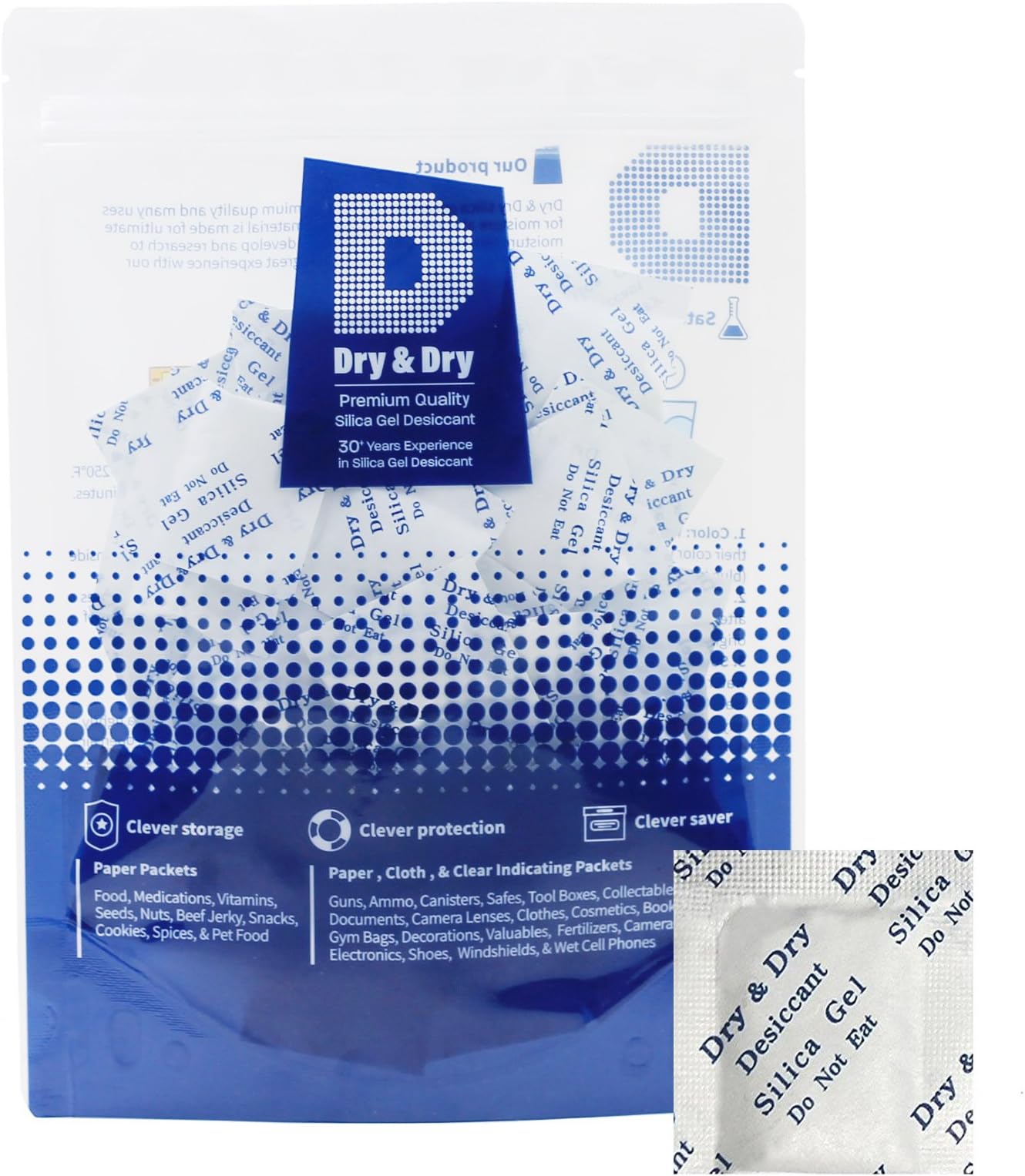 Dry & Dry 1 Gram [50 Packets] Premium Pure & Safe Silica Gel Packets Desiccant Dehumidifier - Food Safe Rechargeable Paper Silica Packets for Moisture
