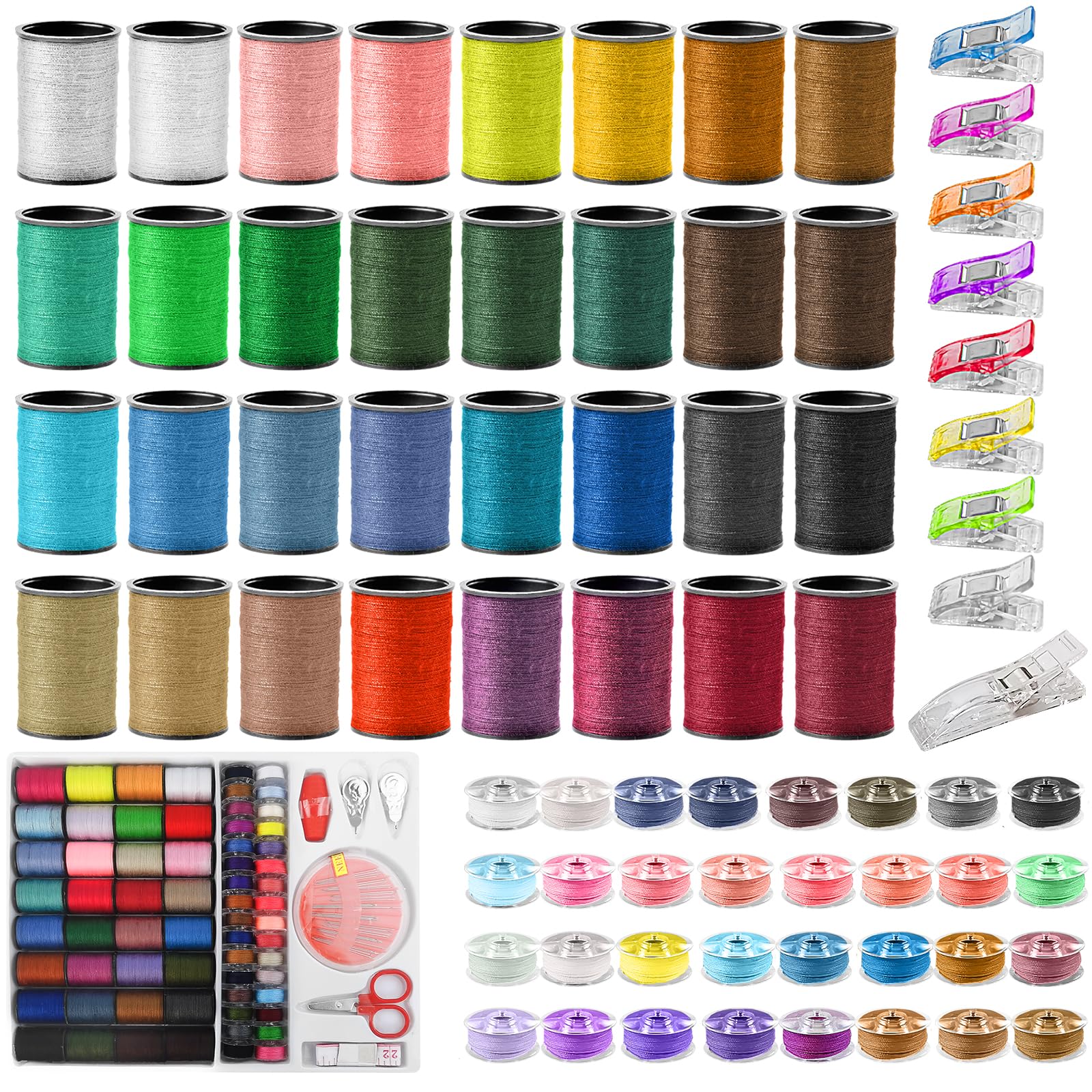 Annsywit 64 Rolls Sewing Threads with 10 Clips Bobbins for Quilting, Stitching and Embroidery Machine