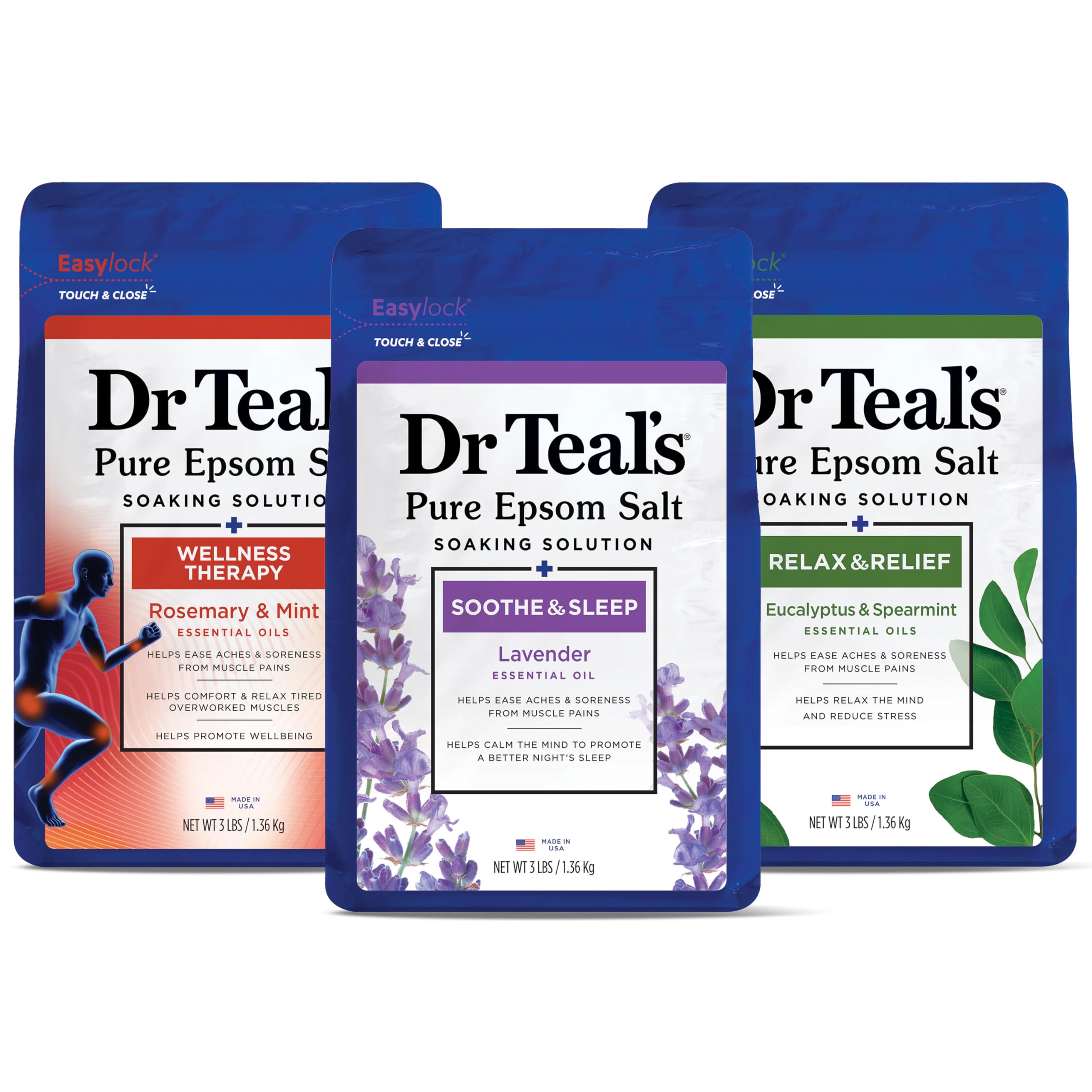 Dr Teal's Pure Epsom Salt, Lavender, Eucalyptus & Wellness Trio Bundle, 3 lbs (Pack of 3)