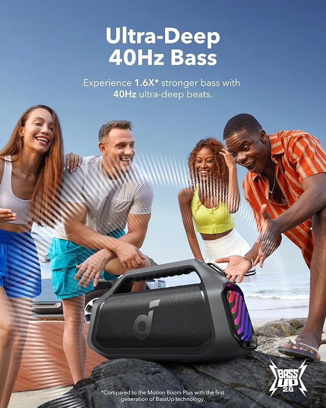 Soundcore boom 2 plus potente alto-falante bluetooth, 140 w com 2 + 2 canais estéreo, bassup 2.0, carregamento rápido de 30 w, 20 h de autonomia, ipx7, flutuante, luzes rgb, usb-c, equalizador personalizado, bluetooth 5.3