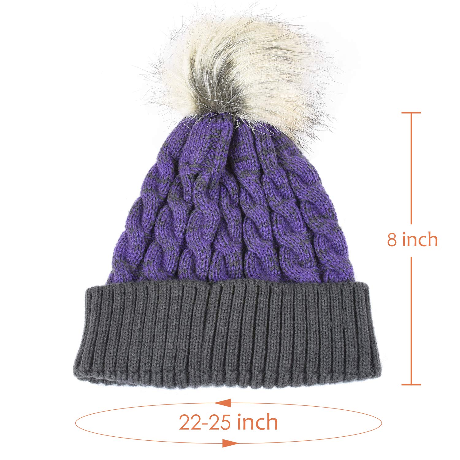 Winter Cable Knit Faux Fur Pom Pom Skull Ski Cap Two-Toned Cuff Beanie