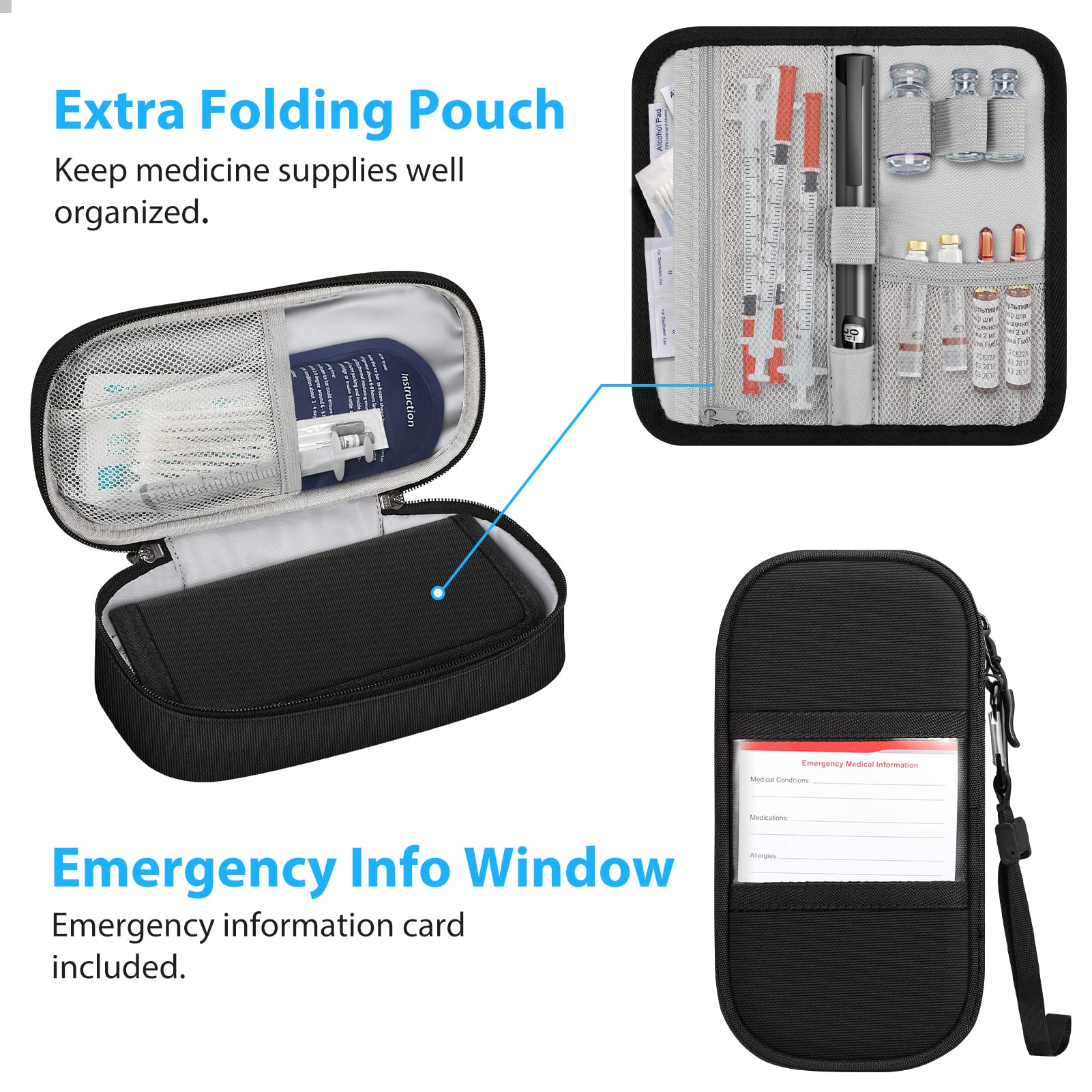 Insulin Cooler Travel Case with 2 Ice Pack, Water Resistant Insulated Diabetic Medication Organizer Carrying Bag with Extra Pouch for Insulin Pen and Other Diabetic Supplies (Black)