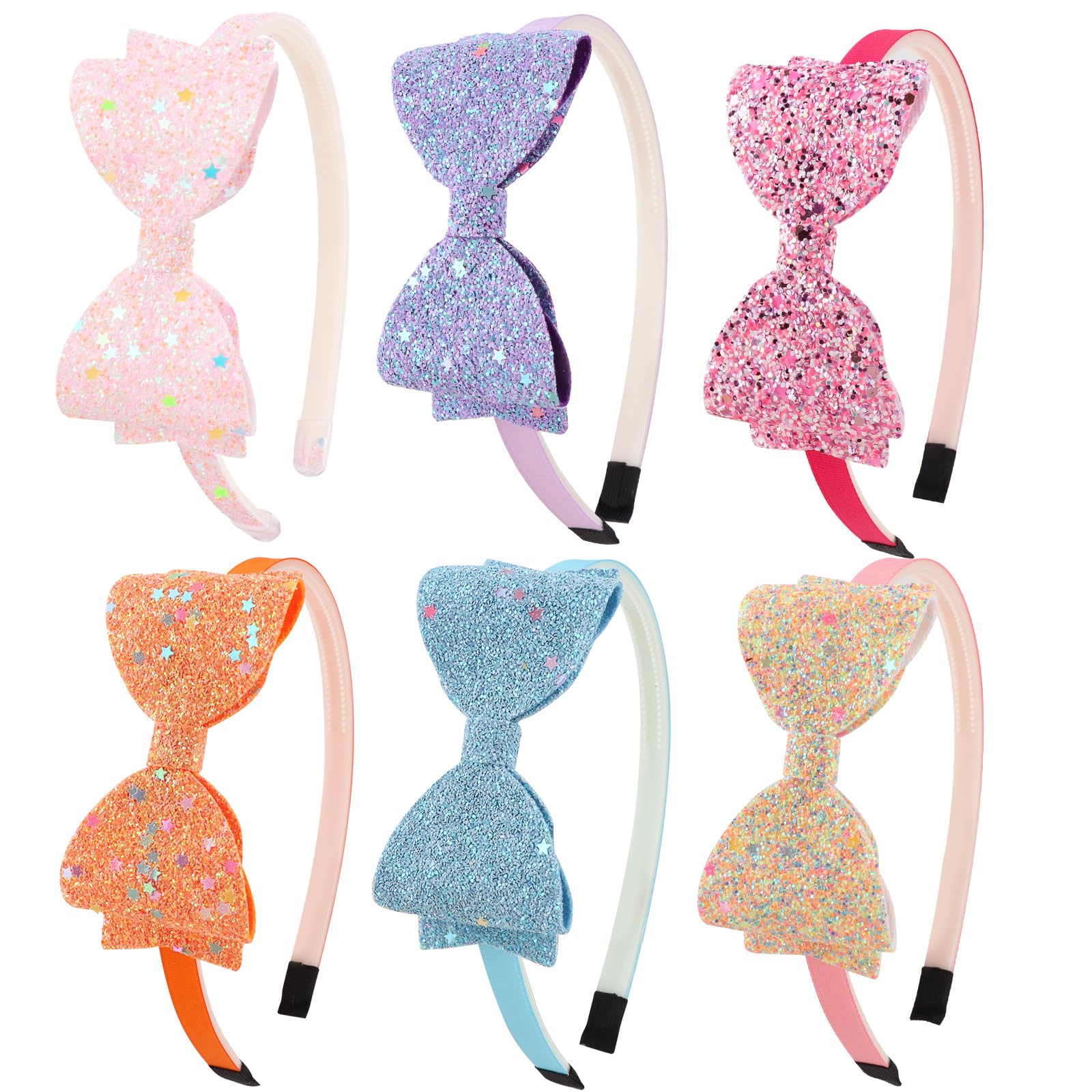 DRESHOW 6 Pack Girls Bow Headbands Glitter Kids Headband Heart Star Hairband for Toddlers Teens