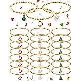 Cunno 24 Pack Christmas Gold Beaded Bracelets with Pendant Santa Snowflake Xmas Tree Gold Stretchable Bracelets Christmas Charms Jewelry Gift Bulk for Women Family Friends Holiday Party Favors