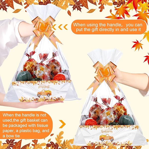 YEAQEE 12 SET 10″ X 8″ X 4.5″ THANKSGIVING GIFT BASKETS BULK 12 EMPTY BASKETS WITH 15 PULL BOWS 15 BAGS PUMPKIN FALL LEAVE BASKET AUTUMN HARVEST THEMED GIFT BOX FOR FALL AUTUMN PARTY FAVORS