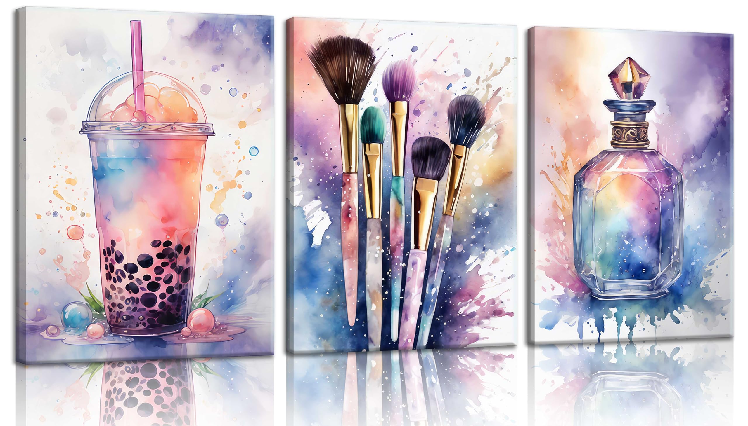 Photo 1 of 3Pcs Teen Girls Bedroom Wall Art Pink and Purple Splash Picture Prints Makeup Enthusiast Teenager Posters Painting Drinks Makeup Brushes and Perfumes Canvas Wall Decor for Girls Bedroom Framed