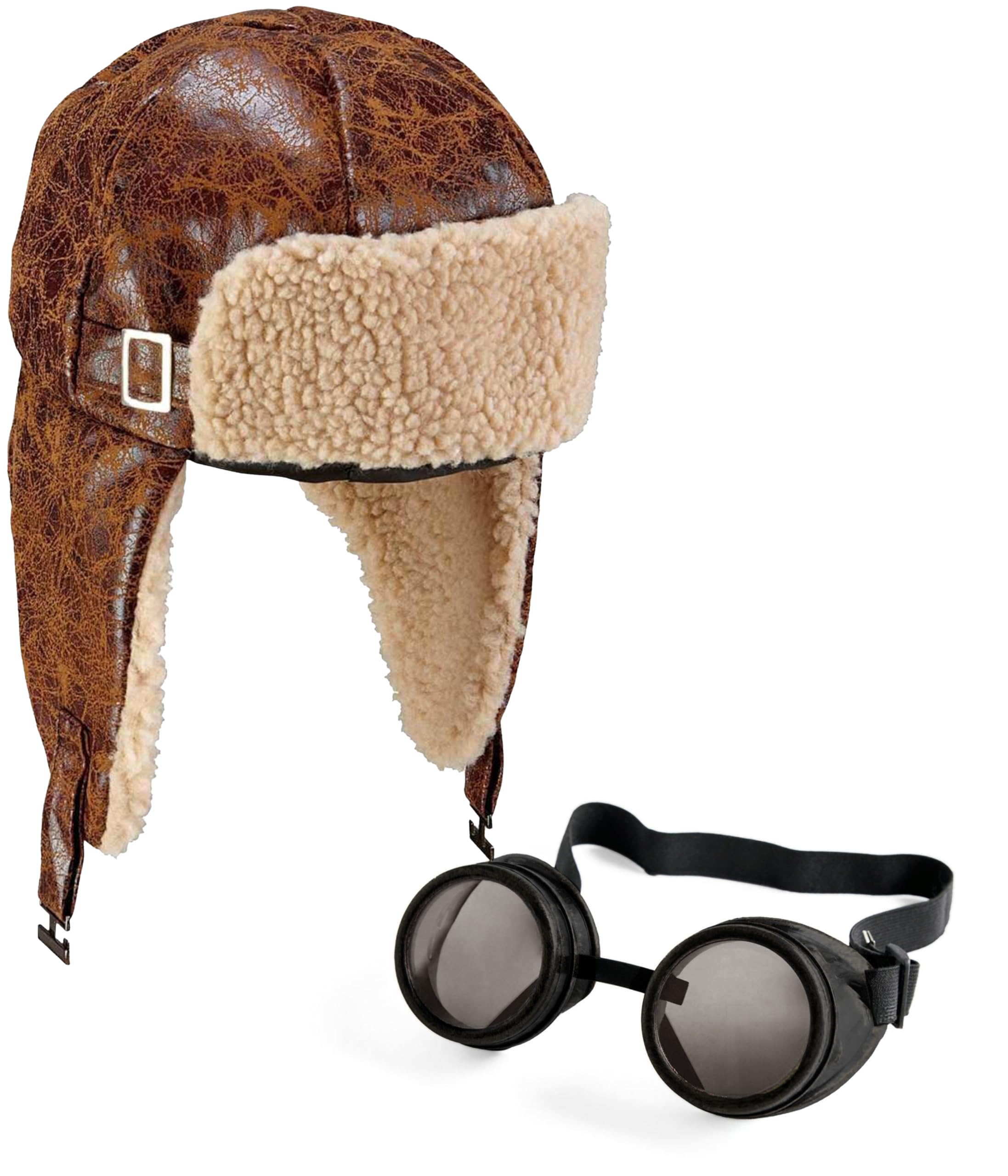 Mega_Jumble Adult Vintage RAF Biggles Aviator Pilot Fancy Dress Costume Set – Pilot Hat/Helmet & Goggles – Grandpa Escape WW2 Flying Man Outfit – 1940s Pilot Fancy Dress Accessories