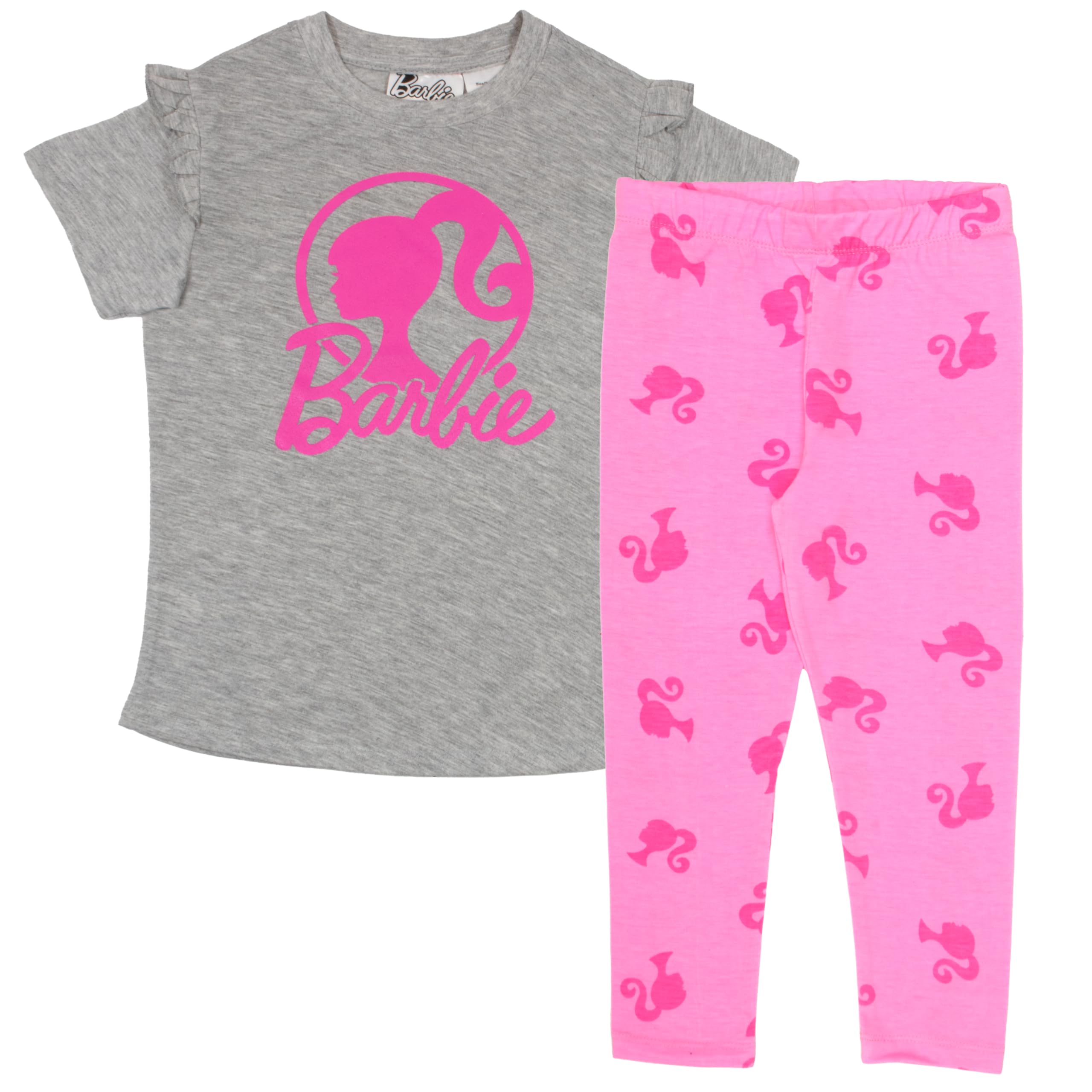 Photo 1 of Barbie Girls 2-Piece Graphic Tees & Pants Set - Casual Short Sleeve T-Shirt and Leggings Outfit Bundle for Kids (Size 7-8, Gray/Pink)