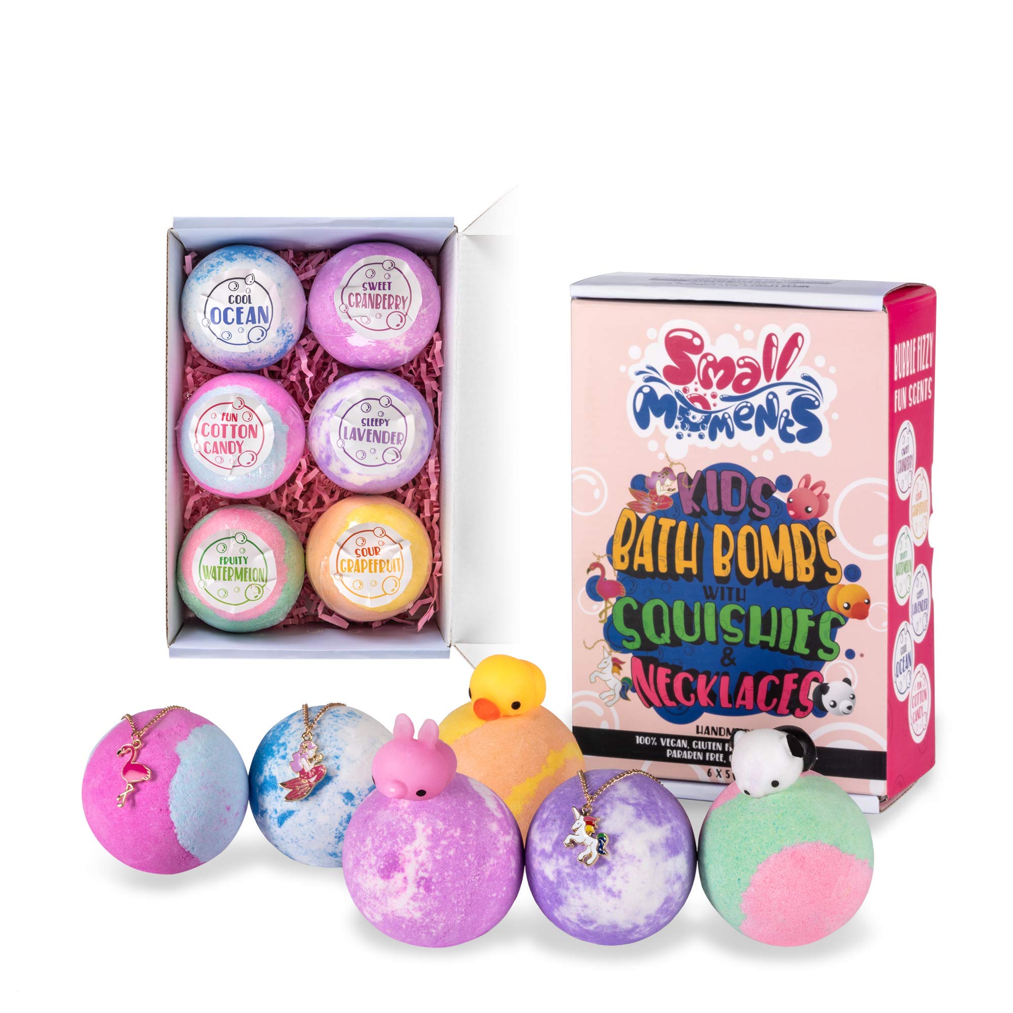 Bath Bombs for Kids with Surprise Squishy Toys and Necklaces Inside, Kids Bath Bombs for Girls/Boys/Women/Christmas, 6 XL Lush Bubble Bath Bomb Kit, Gift Set, Handmade with Shea Butter, Kid Safe