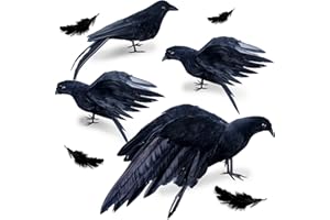 Iceyyyy 4Pack Realistic Black Feathered Crow Bird - 13" Halloween Artificial Handmade Feathered Crows and 6" Halloween Lifelike Raven forCostume Party Outdoor Indoor Decor (Assembly Required)