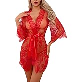 Narcisse Women's Lace Kimono Robe Mesh Nightgown Chemise Babydoll Cover Up Purple/Black/Red Robe with Belt
