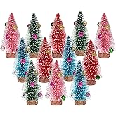 Yookat 12Pcs Mini Christmas Trees Bottle Brush Trees Small Sisal Trees Mini Pine Trees with Wood Base Small Bottle Brush Trees for Christmas Winter Decoration (Multicolor)