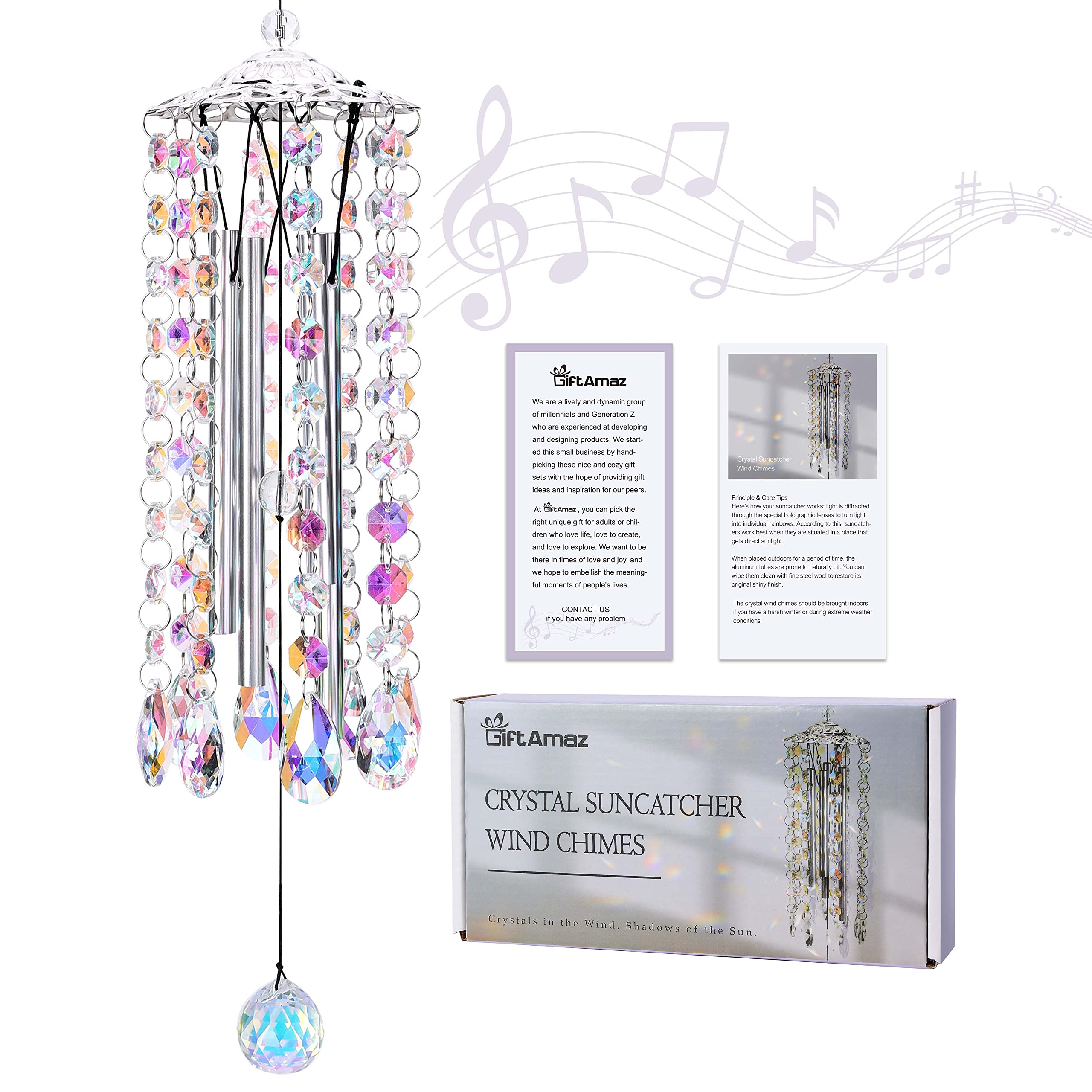 GiftAmaz Crystal Suncatcher Wind Chimes with 4 Tuned Tubes, Hanging Prism Rainbow Maker Chandelier Crystal Pendant Wind Chime Window Hanging Ornament Gift for Women Friends Home Garden Decor Birthday