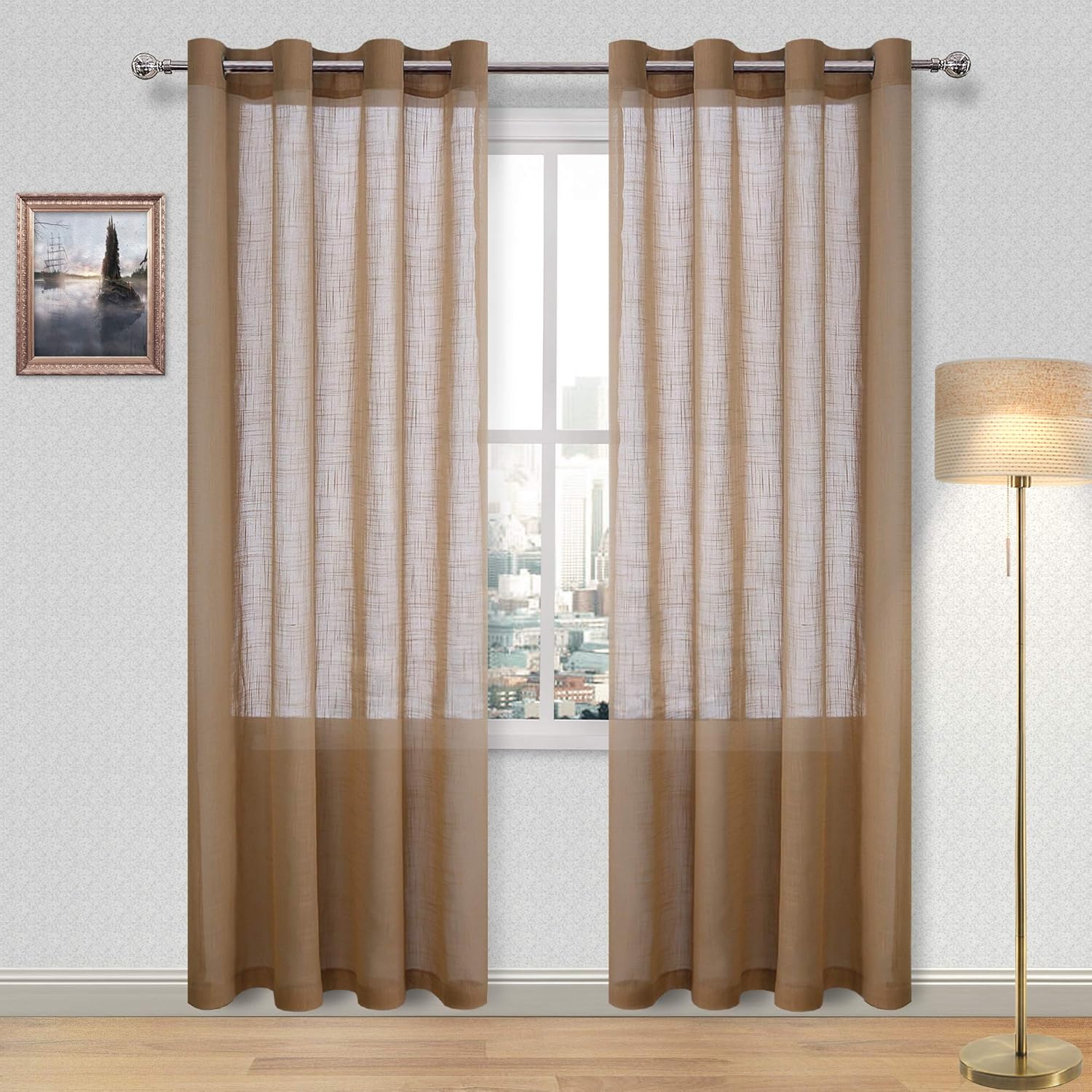 DWCN Brown Sheer Curtains Faux Linen Voile Grommet Top Window Textured Weave Drapes