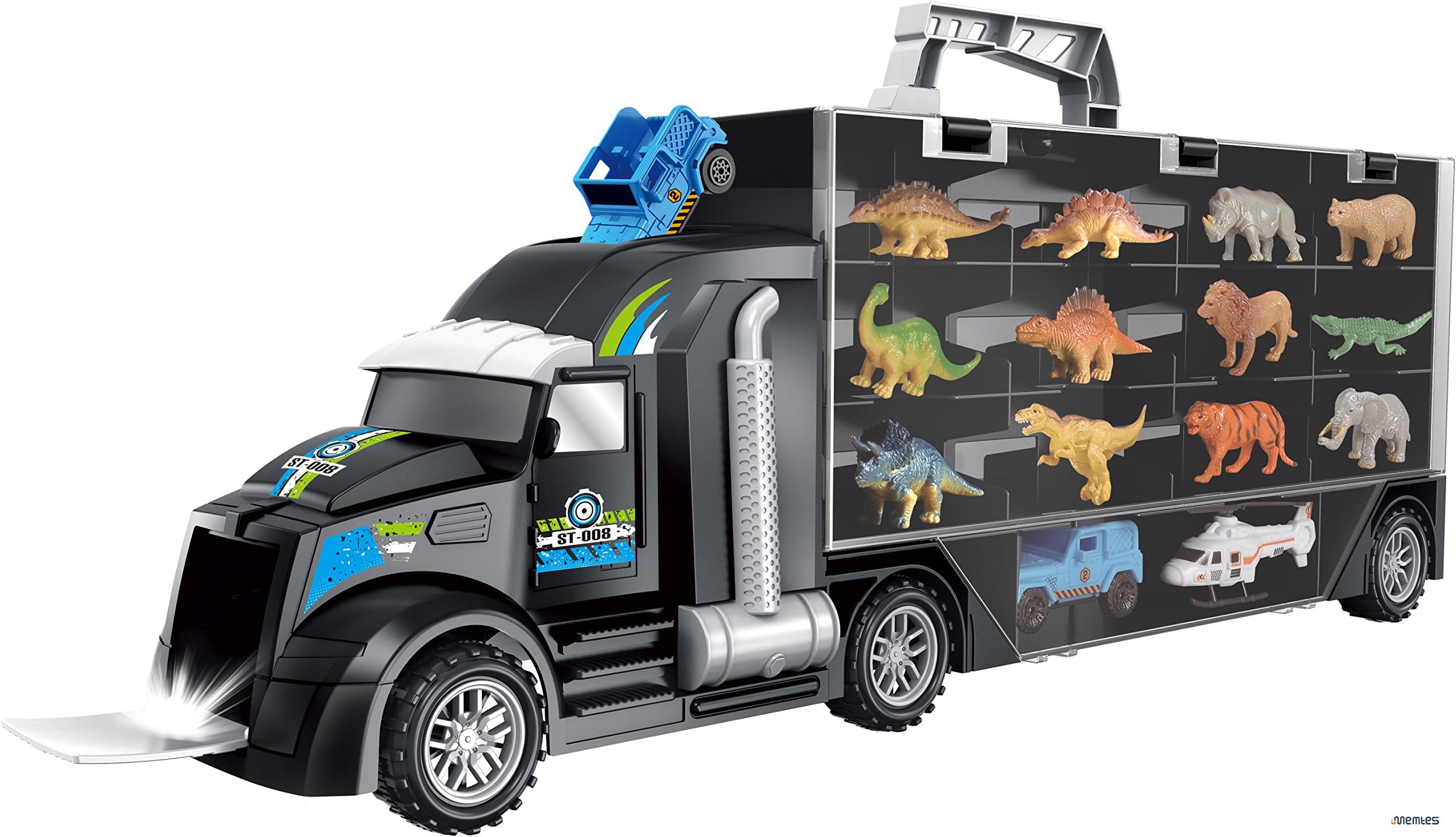 Memtes Dinosaur and Wild Life Animal Safari Car Carrier Transport Truck Toy (Includes 6 Dinosaurs 6 Animal, Car and Helicopter)