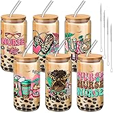 RimCereal 6 Pcs Christmas Nurse Gifts Bulk Nurse Glass Cups 16 oz Can Shaped Nursing Coffee Drinking Tumbler with Bamboo Lid and Straw for Nursing Women Xmas Holiday Party Favors Gifts