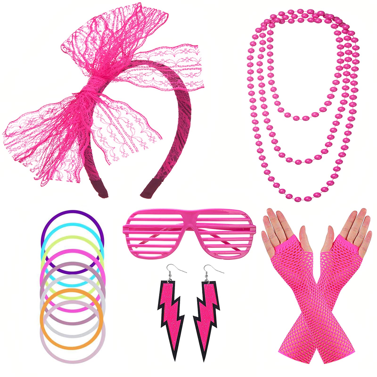 FACATH 80s Neon Necklaces Bracelets Fishnet Gloves Lace Bow Headband Neon Earrings 1980s Fancy Dress Accessories Green Party Costume for Women Girls Ladies (Rose Red)