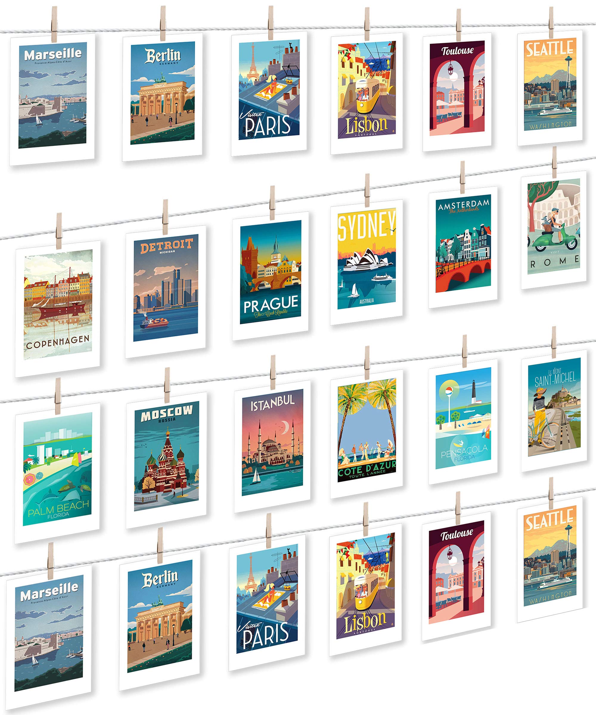 LeTOMA Photo Rope Ideal for Hanging as Much as Possible Children's Photos and Drawings - 20 metres of high Quality Cord and 50 Rustic Wooden Clips - Wall Photo Holder