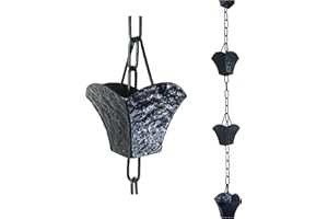 Rain Chains by JASINC 8.5 ft Scalloped Square Cups Black Powder Coated, to Replace Roof Gutter Downspout, with Installation Kit, Rainwater Catcher/Water Diverter, JAS2002BLK