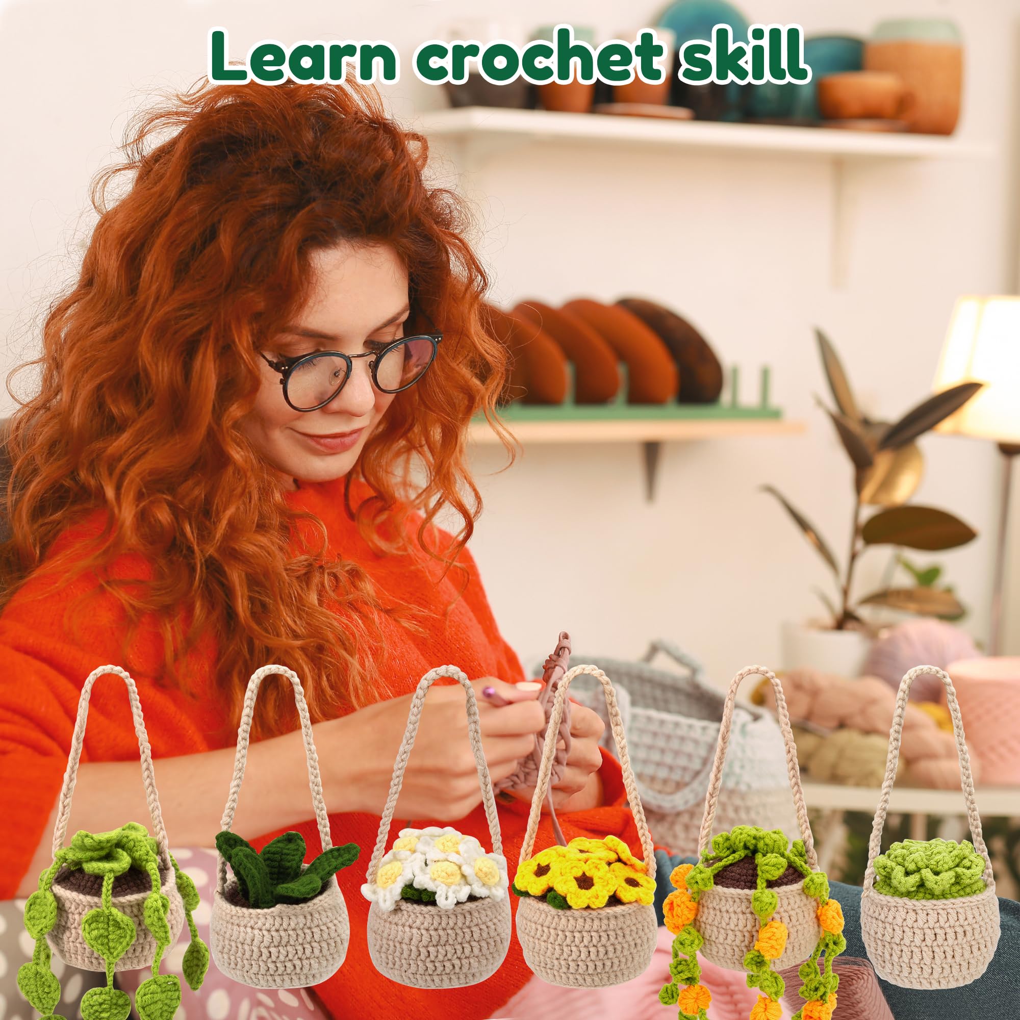 Karsspor Crochet Kit for Beginners, Crocheting Kit- 6 PCS Hanging Potted Plants Crochet, Beginner Crochet Kit for Adults and Lovers, Knitting Kit with Step-by-Step Video Tutorial and Instructions