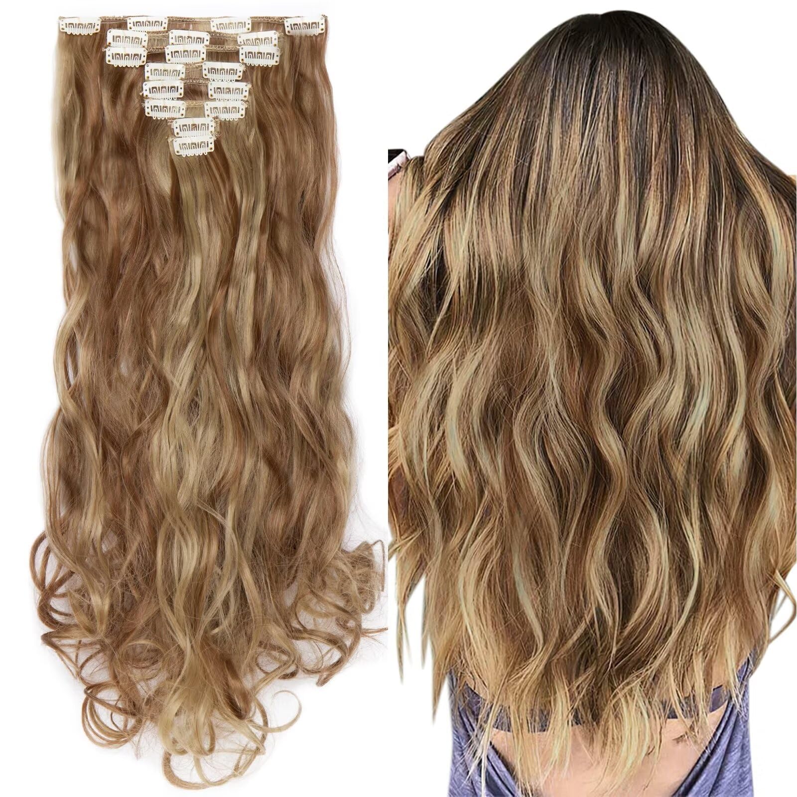 Silk-co Hairpiece Extensions Clip in Hair Extension Long Curly Wavy 8 Pcs Full Head 18 Clips Synthetic Heat Resistant [24 inch Light Brown&Blond] — image 1